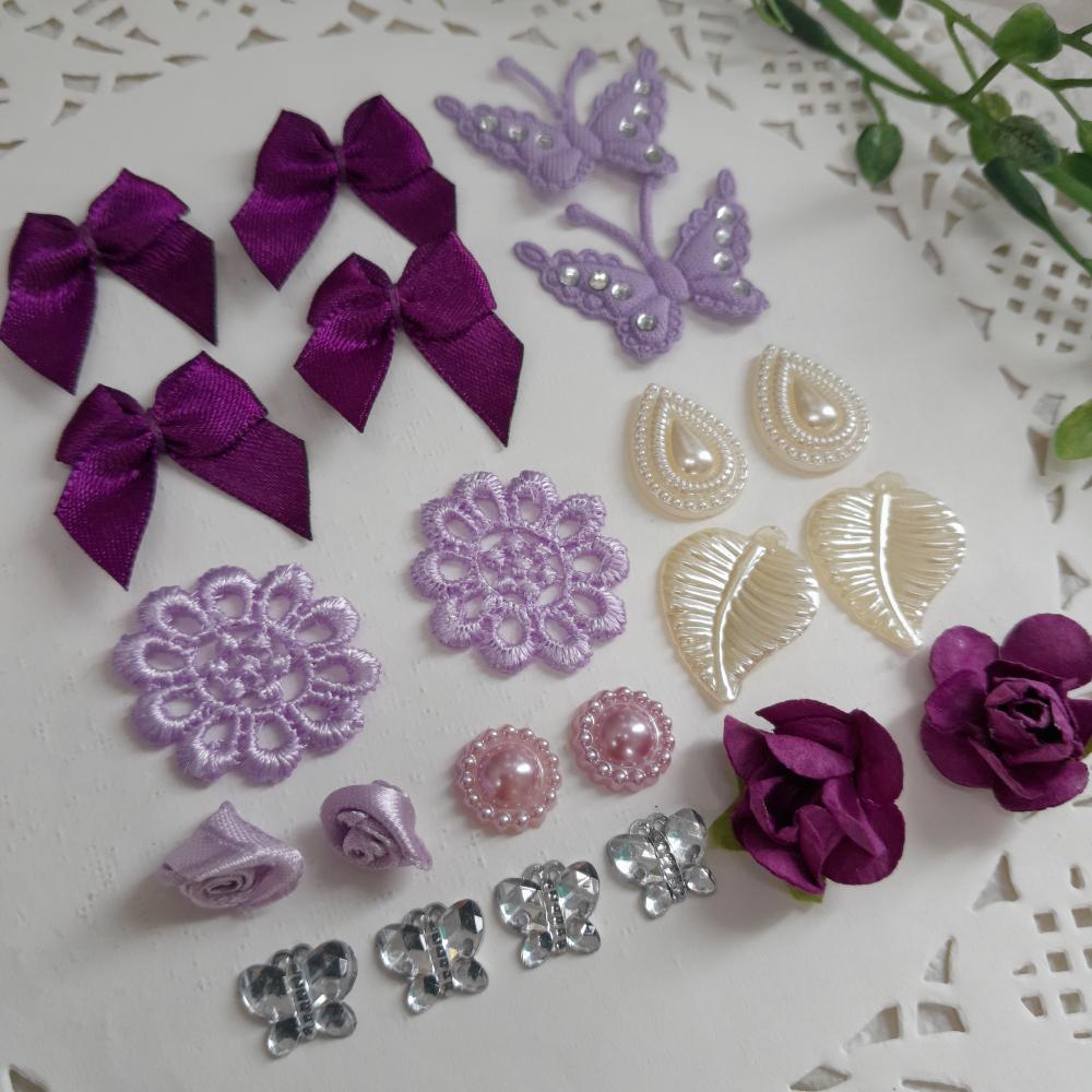 Kit de Embellishments para Artesanato e Scrapbook tons roxo e lil