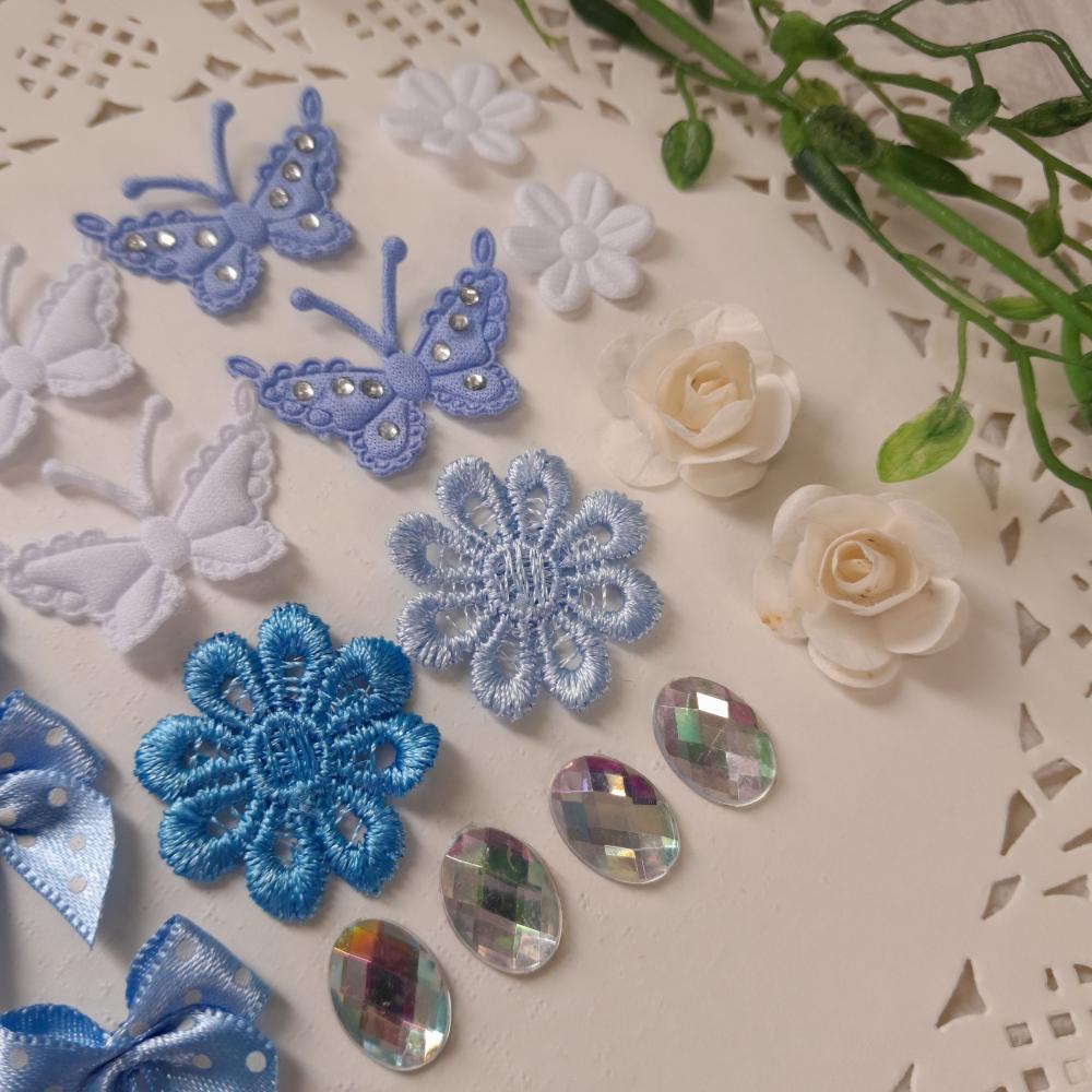 Kit de Embellishments para Artesanato e Scrapbook - tons de azul 