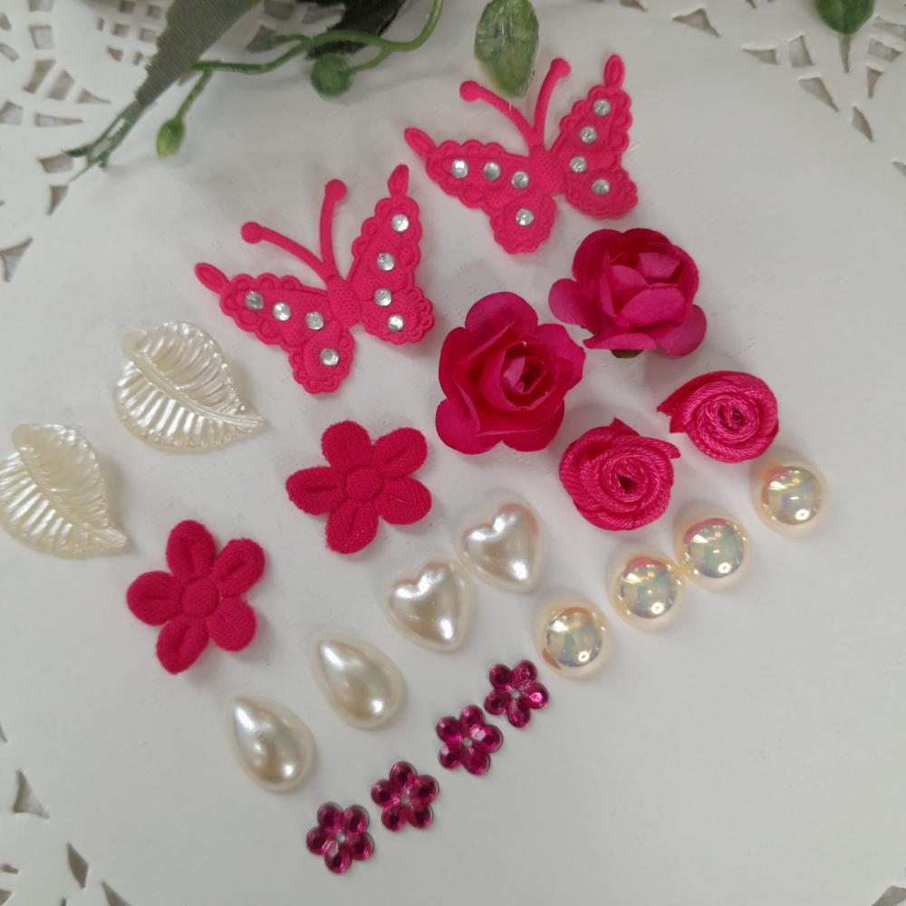 Kit de Embellishments para Artesanato e Scrapbook - tons de rosa