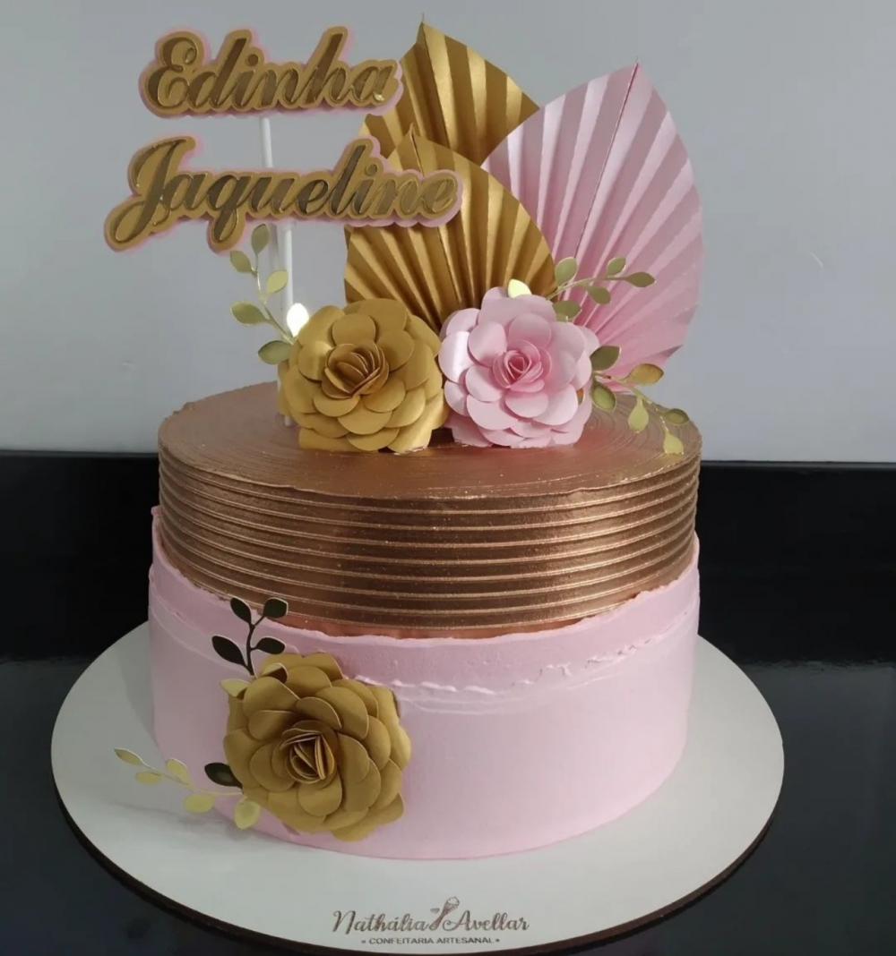 Topo de Bolo Flores Dourado e Rosa