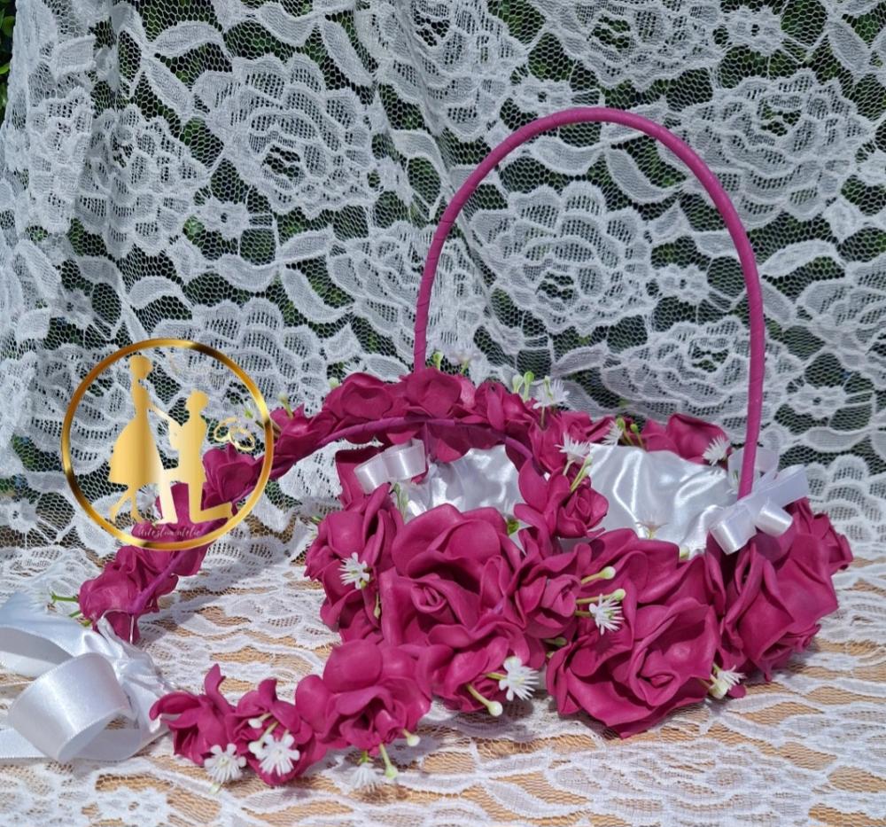 Cesta de florista de casamento + Coroa de Daminha fúcsia e branco pink/ kit