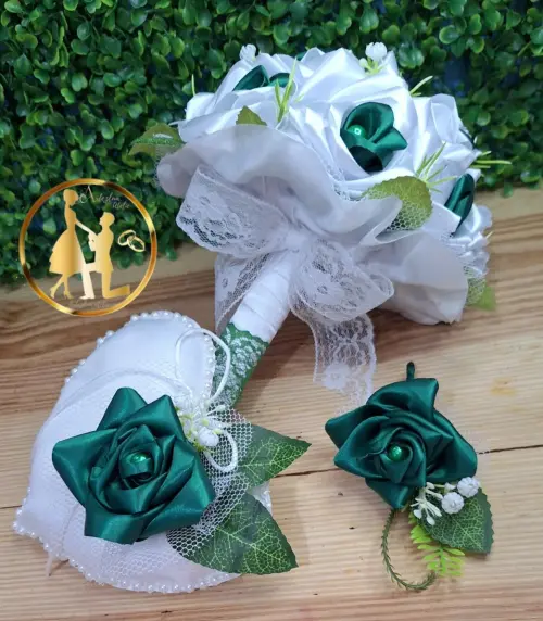 Buquê de noiva cetim verde e branco kit casamento minimalista