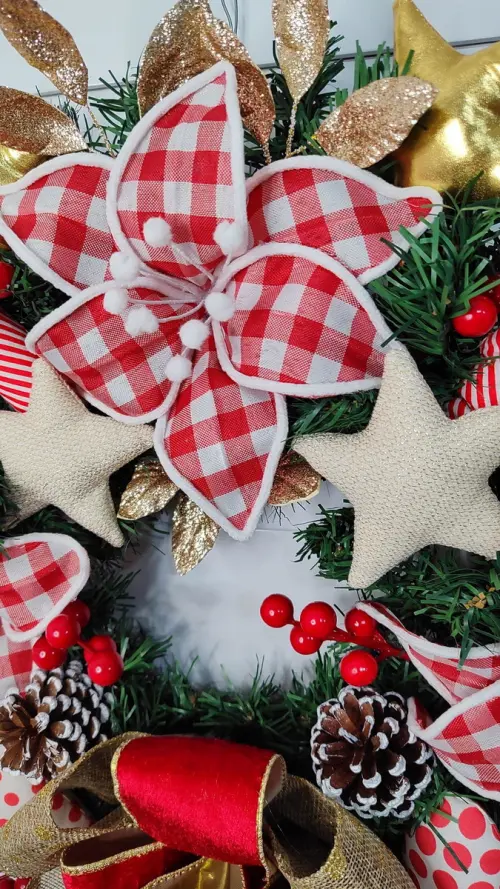 Guirlanda de Natal Flores Xadrez Vermelho e Branco