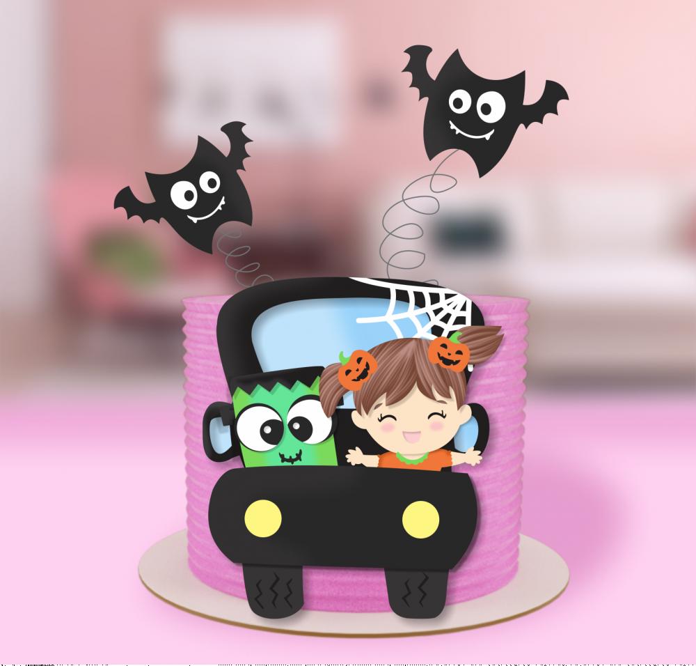 Topo de Bolo menina carro halloween Arquivo Silhouette Studio